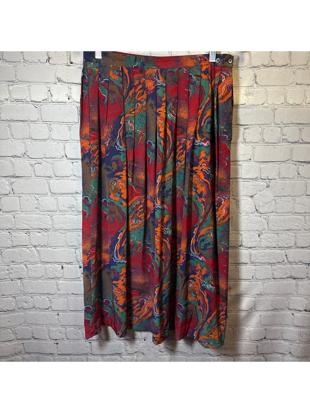 90's Vintage Royal Silk Pleated Midi Skirt Abstract Pattern w/ Vibrant Colors